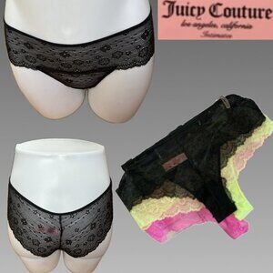 Juicy Couture L Pink- Neon Yellow-Black Sheer Floral Lace Cheeky Panties-3-Pk
